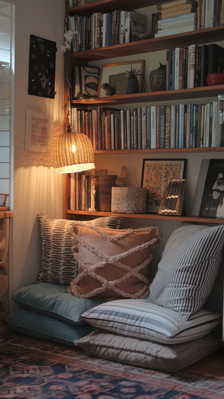 A cozy reading nook with soft pillows and a warm light beside a bookshelf.
