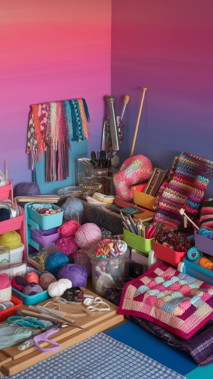 A colorful craft corner filled with yarn, tools, and handmade projects.
