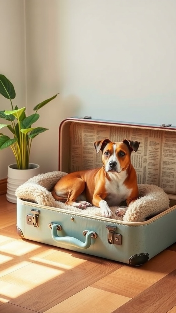 A dog resting in a repurposed vintage suitcase acting as a pet bed.