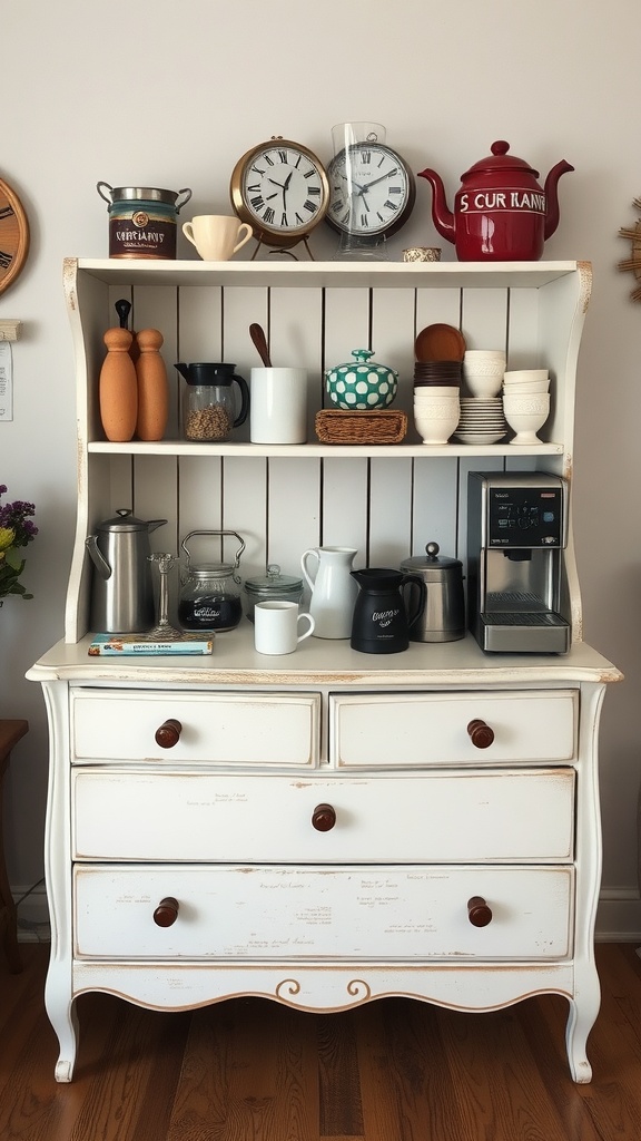A vintage dresser converted into a coffee station with various coffee-related items displayed on top.