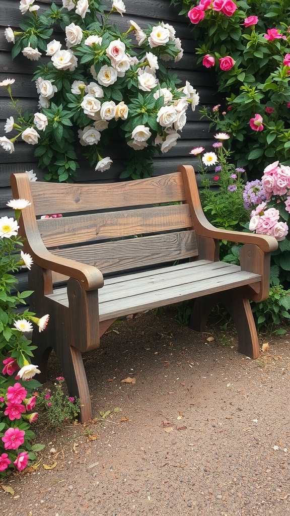 A garden bench made from reclaimed wood, surrounded by blooming flowers.