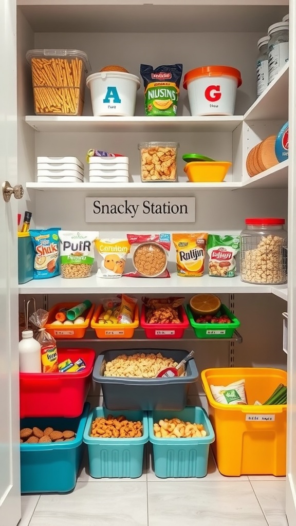 A well-organized snack station with labeled bins and a variety of snacks for kids.
