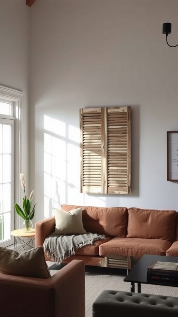 Cozy living room featuring wall art made from repurposed wooden shutters.