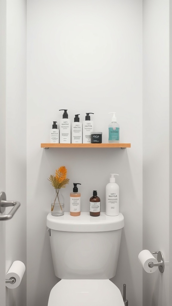 A modern bathroom with a minimalist open shelf above the toilet displaying various toiletries and a small vase of flowers.