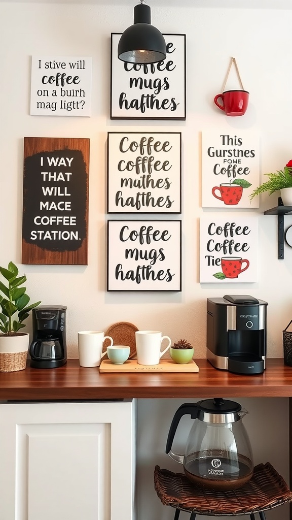 A stylish coffee station featuring creative wall art with coffee mug themes, a coffee maker, and decorative plants.
