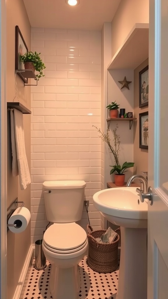 A small bathroom with creative use of nooks featuring plants and shelves.