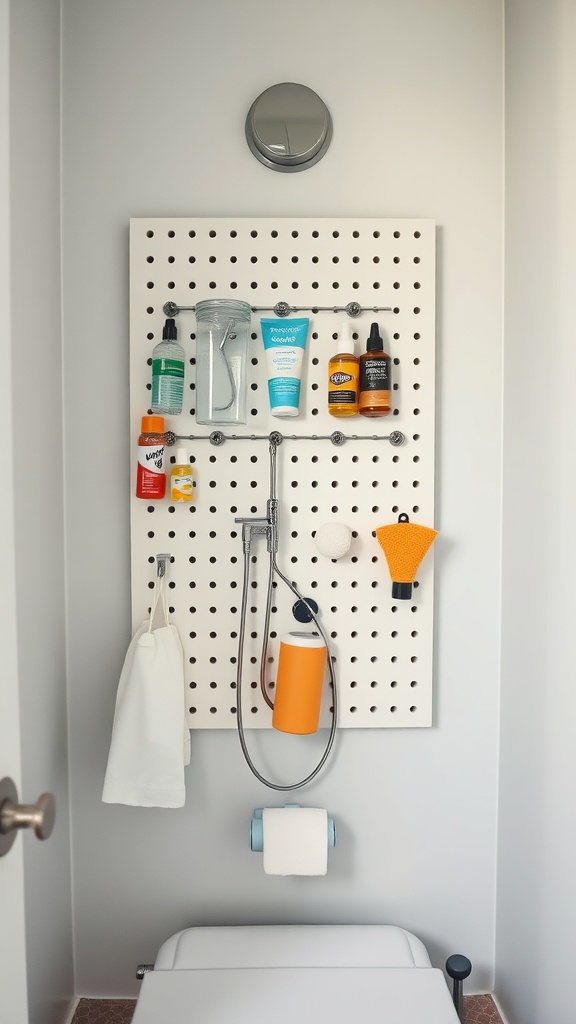 A peg board in a small bathroom displaying various toiletries and accessories.