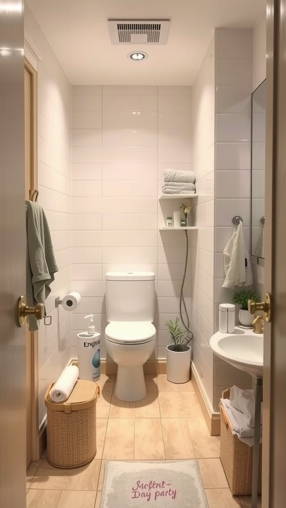 A small, well-organized bathroom with minimal decorations.