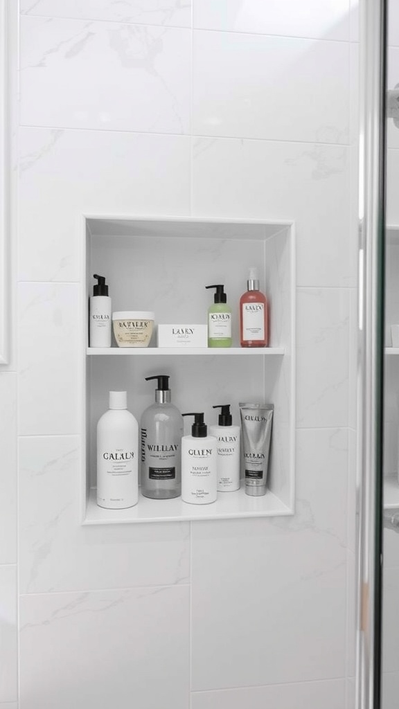 A built-in niche in a shower holding various shampoo and body wash bottles.