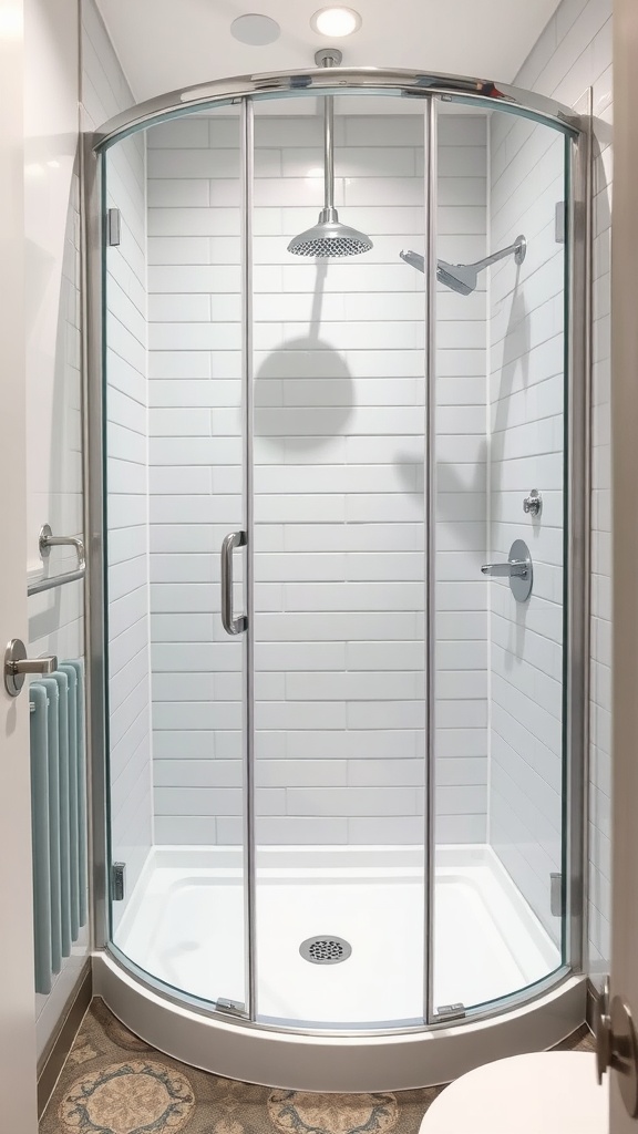 A modern walk-in shower featuring glass walls and a sleek design.