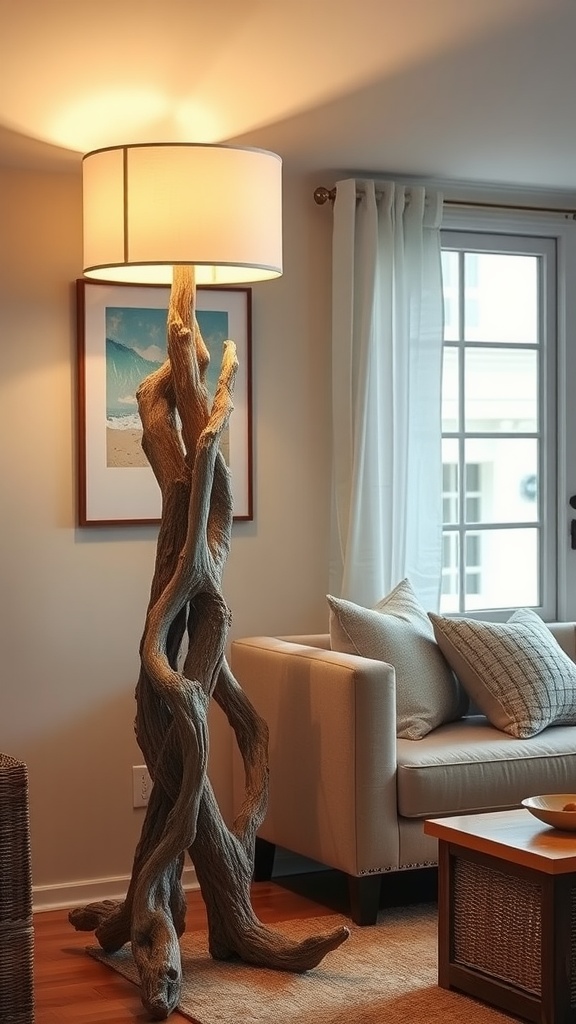 A unique driftwood floor lamp standing beside a cozy couch, illuminating the room with a warm glow.
