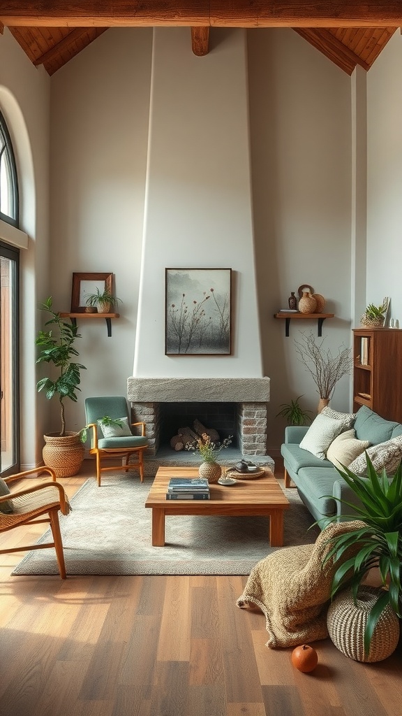 A rustic living room featuring earthy colors, wooden furniture, and natural decor.