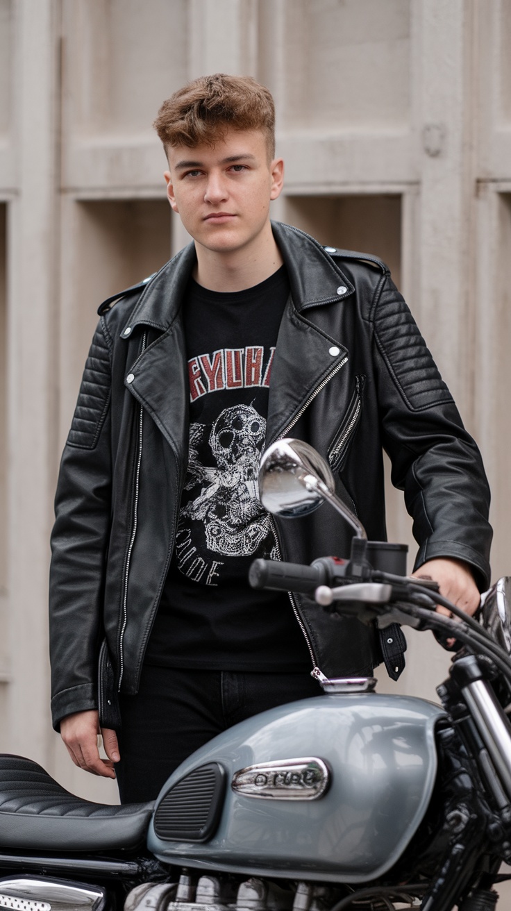 Teenage guy wearing a leather jacket, black t-shirt, standing next to a motorcycle.