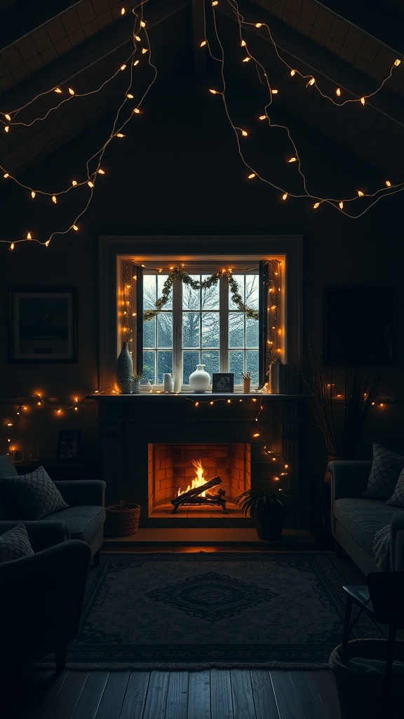 Cozy cottage interior with fairy lights and a fireplace.