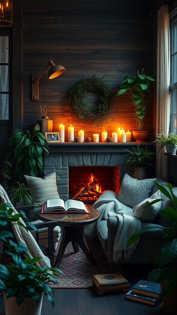 A cozy nook with candles, a fireplace, and plants, creating a warm atmosphere.
