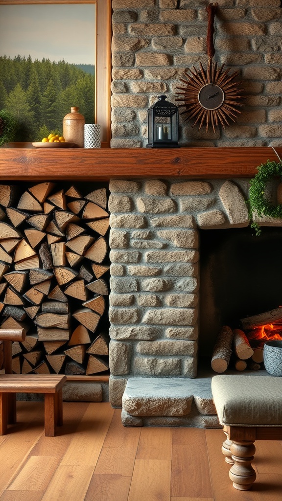 A rustic living room with a neatly stacked firewood storage beside a stone fireplace.
