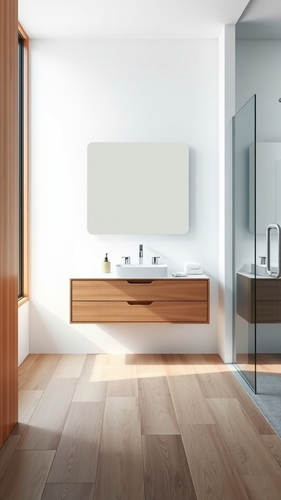 A modern floating vanity in a spacious bathroom with wooden accents and a minimalist design.
