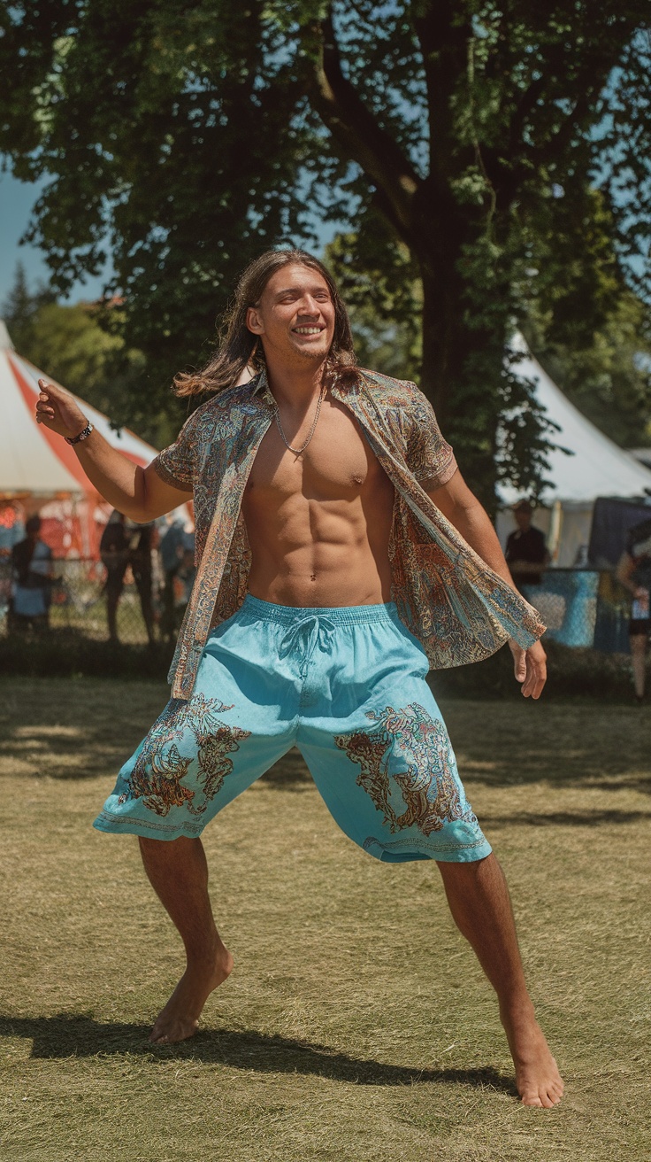 A man dancing in a field wearing flowy shorts with vintage prints and an open shirt.
