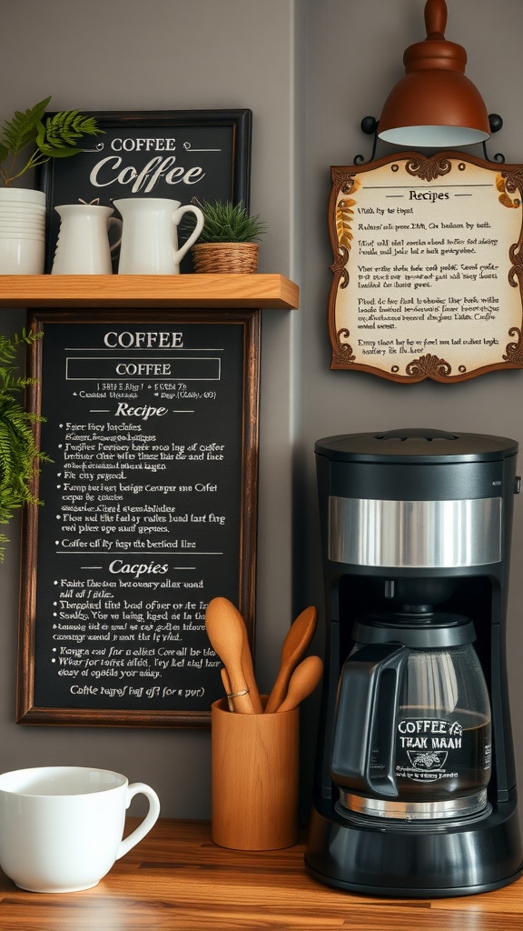 A cozy coffee station featuring recipe displays and a coffee maker.