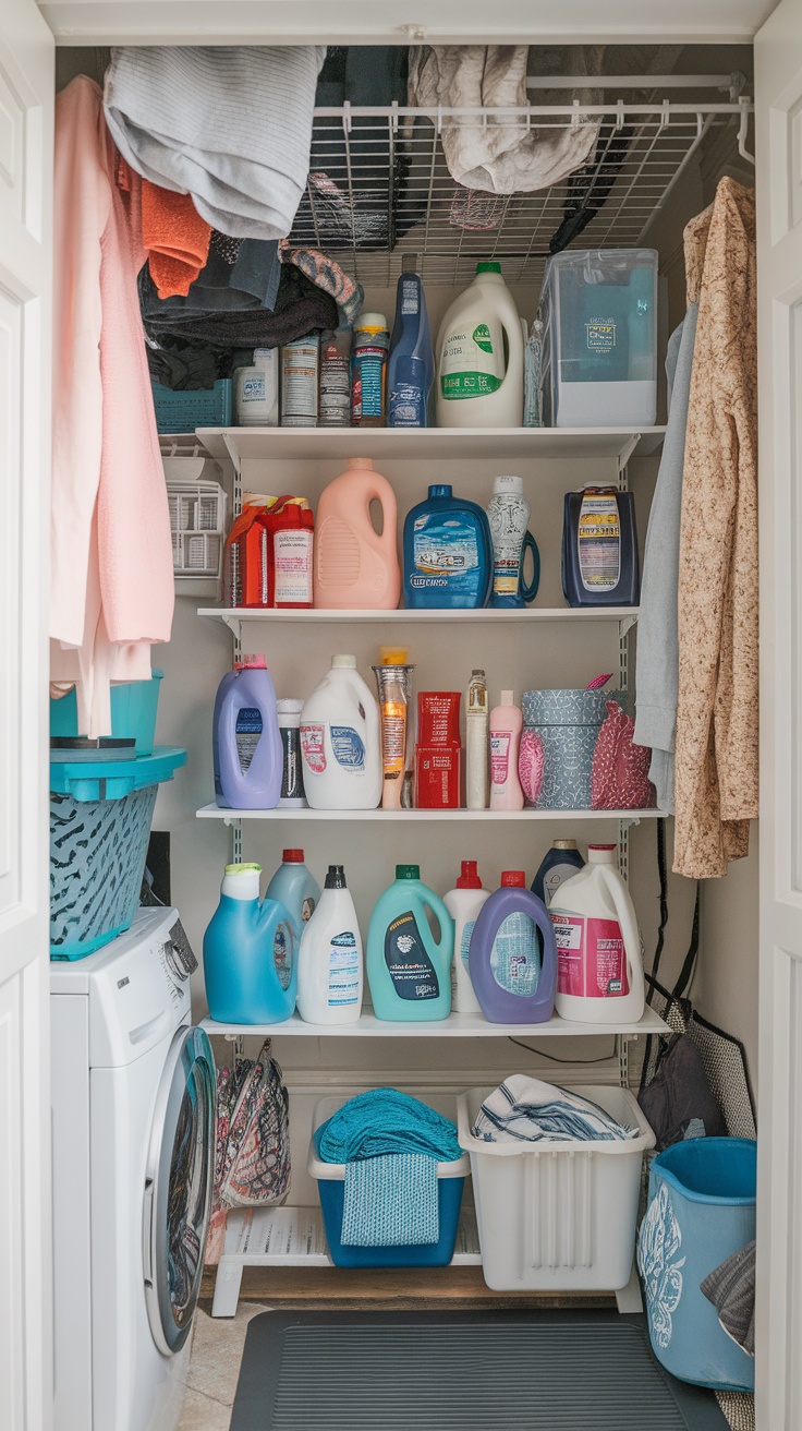 Neatly organized laundry corner with colorful storage bins and towels