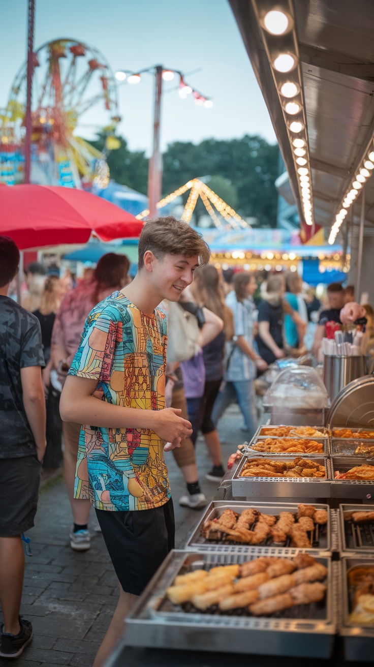 Teenage guy wearing a colorful printed t-shirt at a fair.