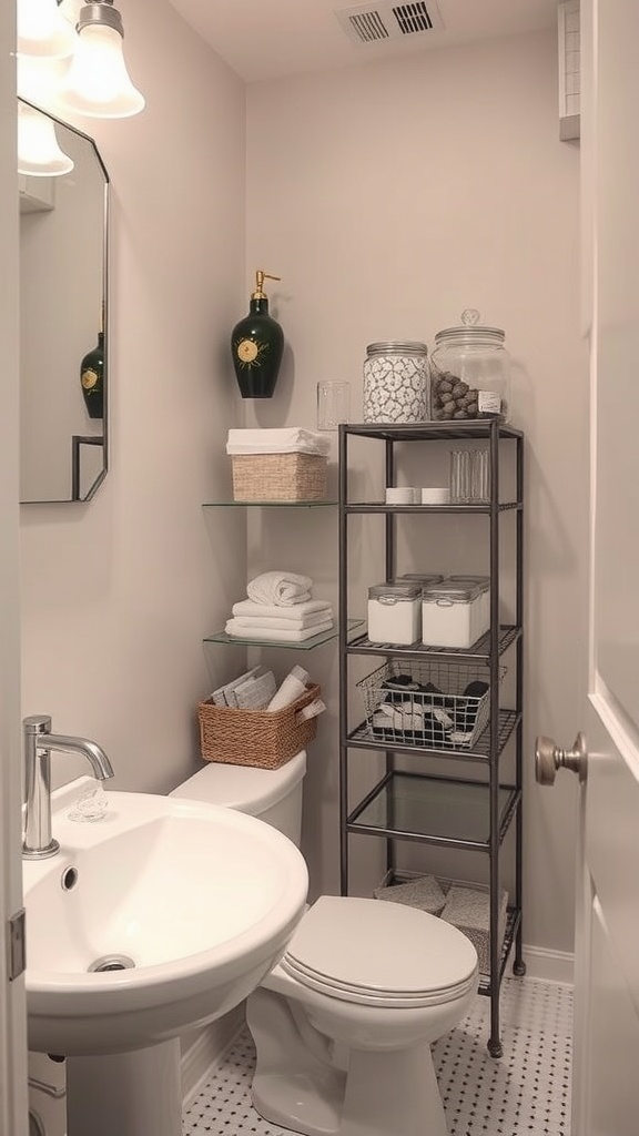 A small bathroom featuring glass shelves and various glass containers for storage.