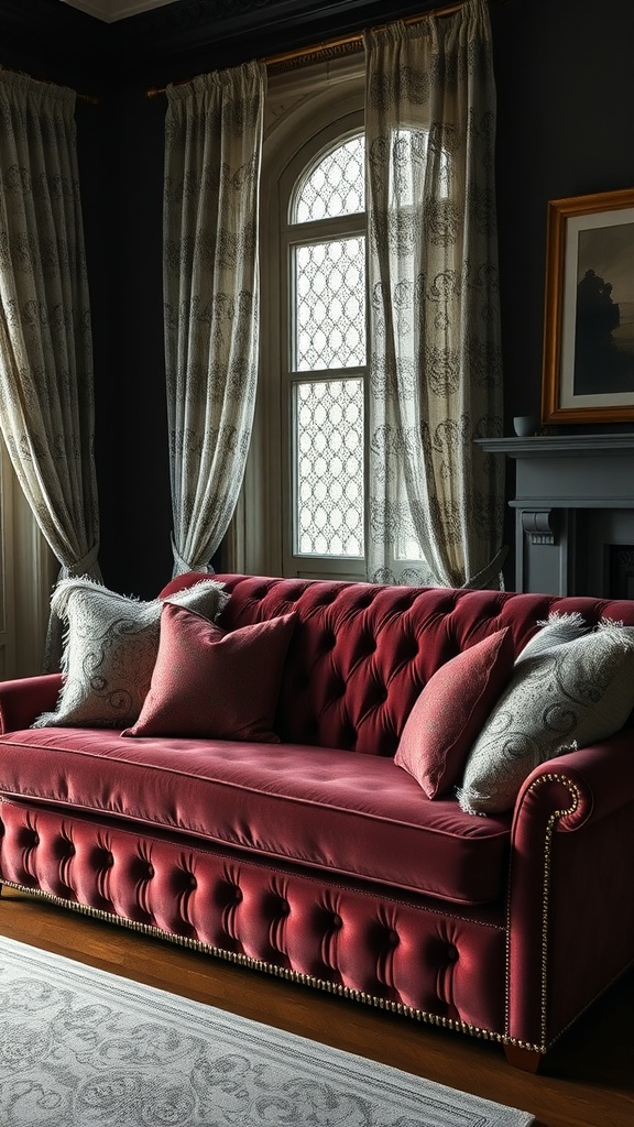 A cozy red velvet sofa with decorative pillows in a dark room with sheer curtains.