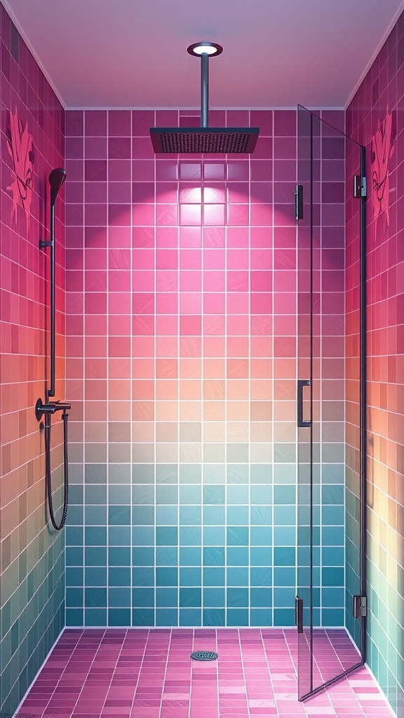 Walk-in shower with gradient tile design in pink to blue colors