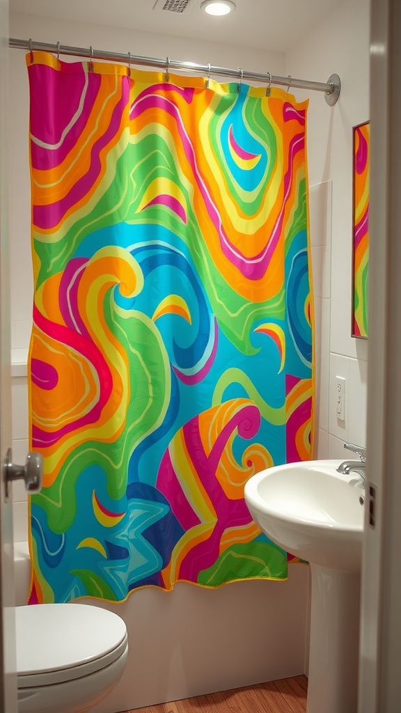 A colorful shower curtain with bold swirls and patterns in a small bathroom setting.