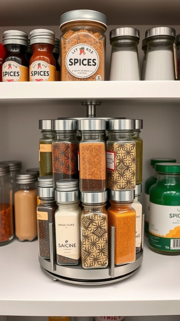 A rotating spice rack filled with various spices in jars, neatly organized on a shelf.