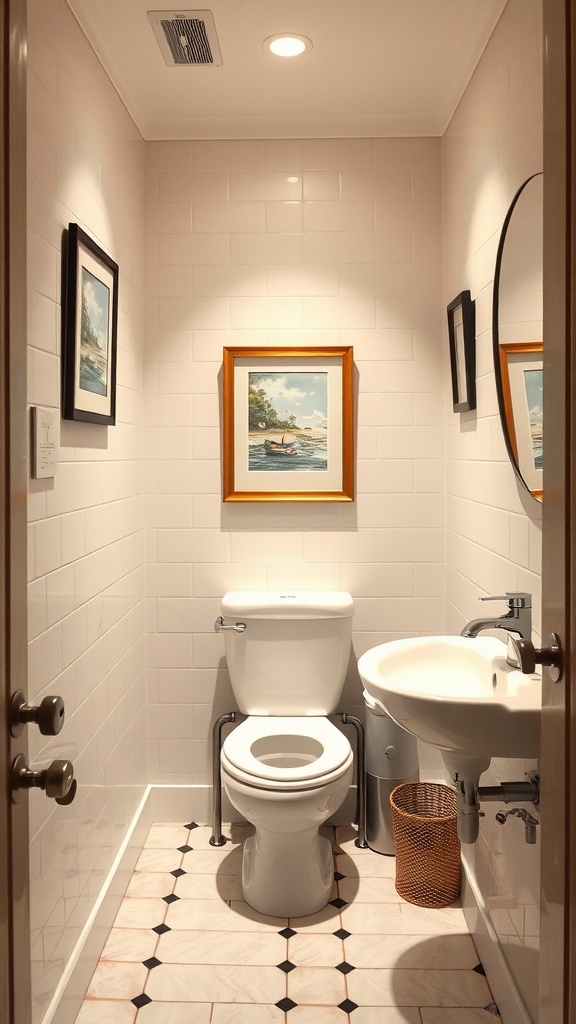 A small bathroom featuring framed artwork and a round mirror on the walls.
