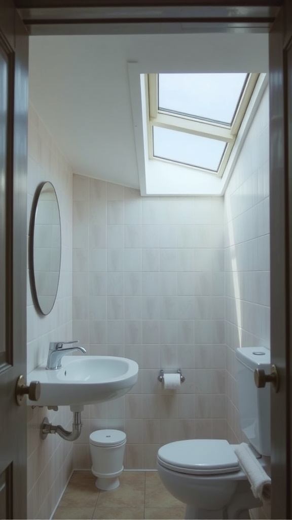 A small bathroom featuring a skylight that lets in natural light.