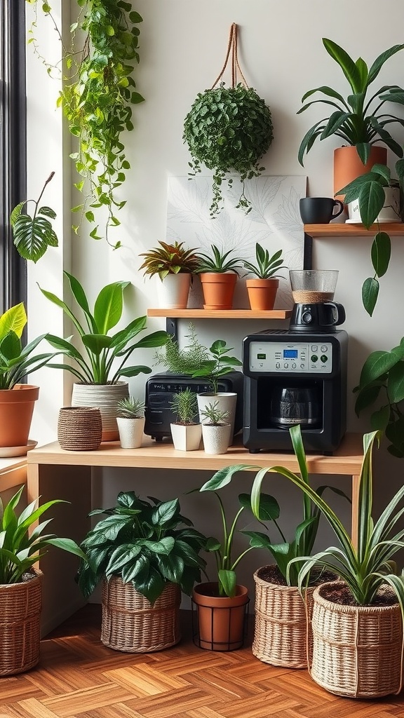 A cozy coffee station decorated with various indoor plants.