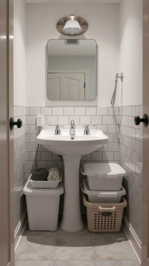 A tidy bathroom with under-sink storage solutions showcasing bins and boxes.