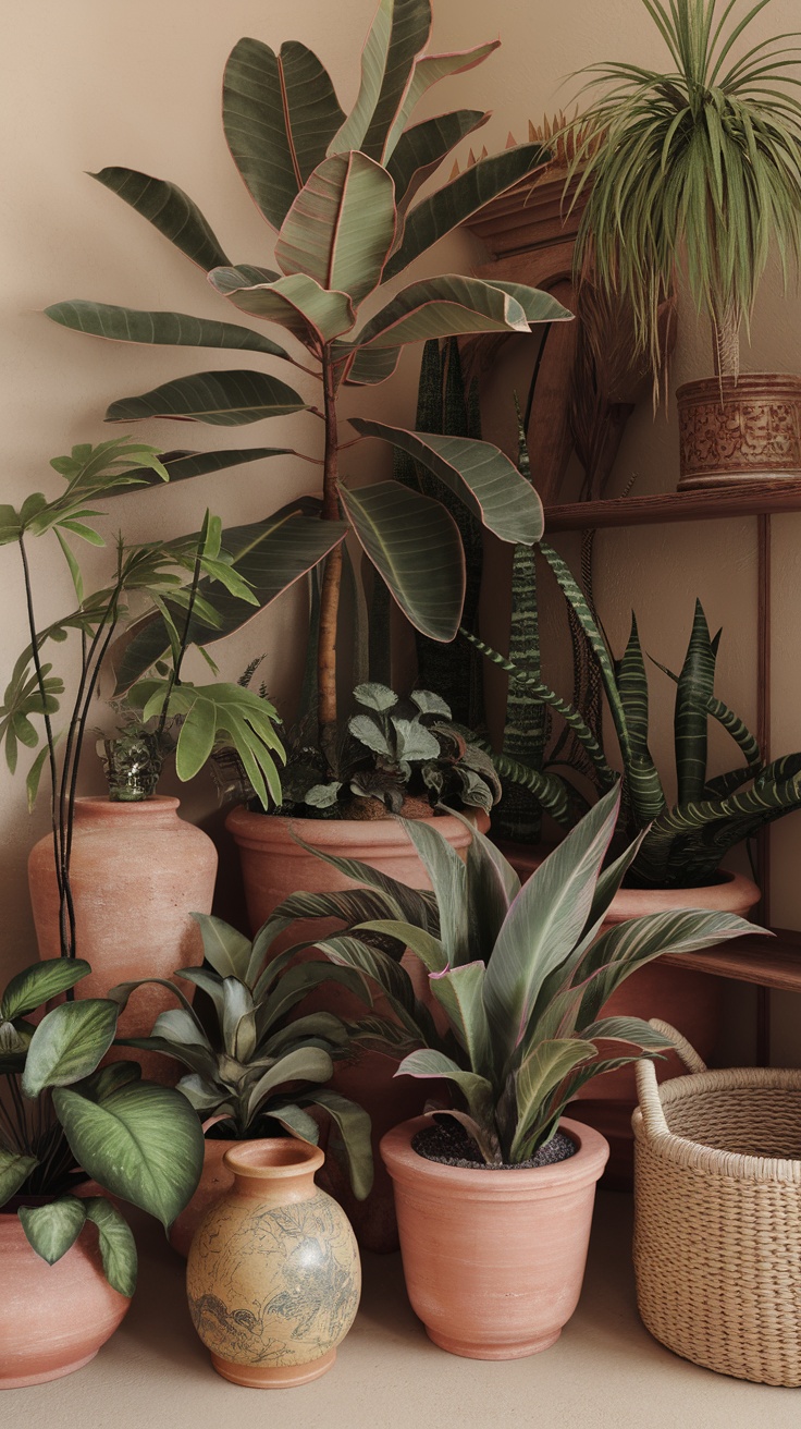 A cozy corner filled with various indoor plants in terracotta pots, showcasing a warm and inviting atmosphere.