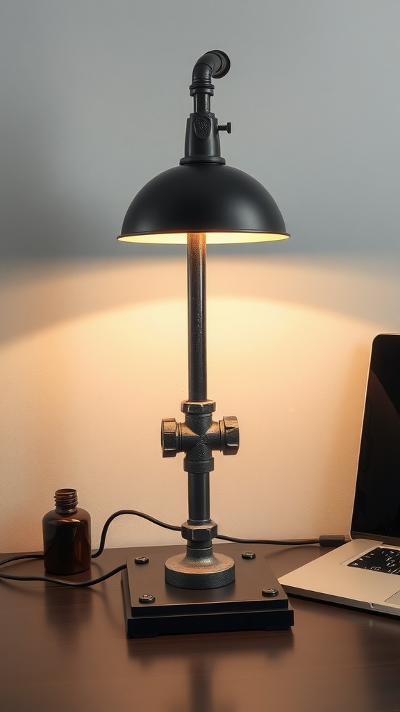 A stylish industrial pipe table lamp featuring a black metal shade and pipe fittings.