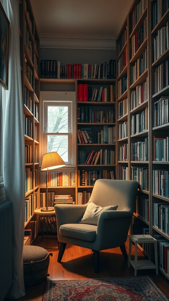 Cozy reading room with a chair and bookshelves filled with books.