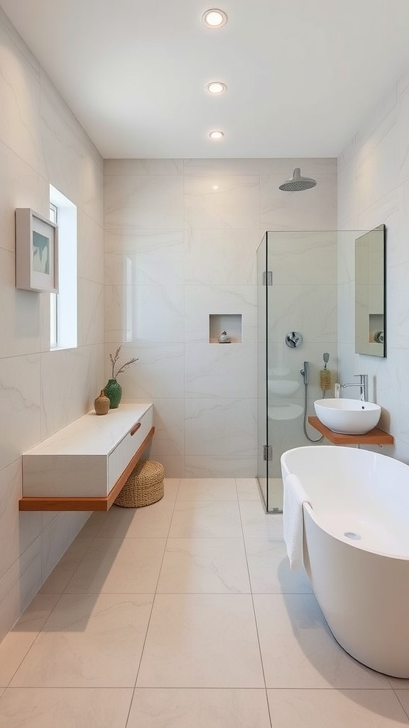 A modern bathroom featuring large format tiles on the walls and floors, creating a spacious appearance.