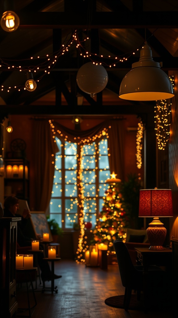 A cozy cottage interior with warm lighting from lamps, fairy lights, and candles.
