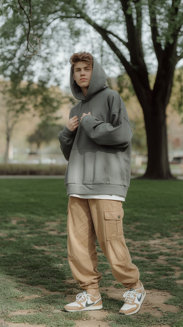 Teenage boy wearing an oversized hoodie with cargo pants in a park.