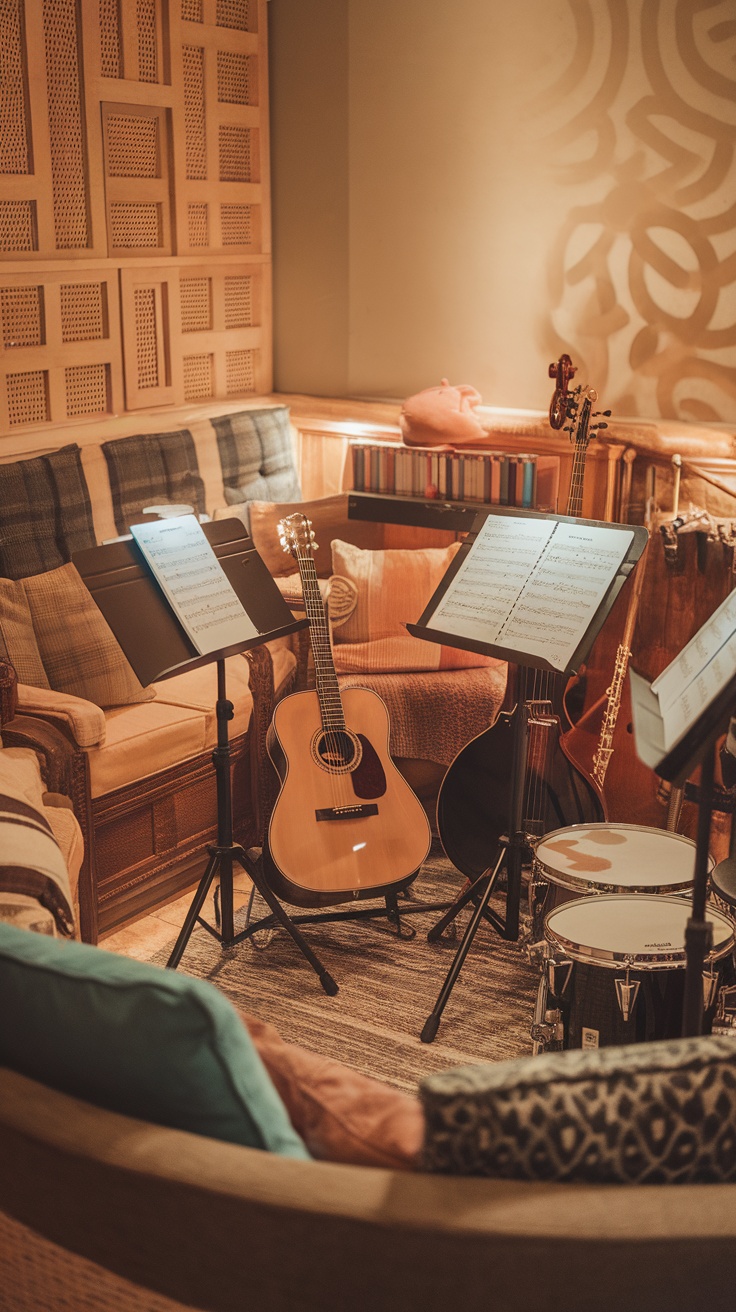 Cozy music corner with guitars, drums, and sheet music.