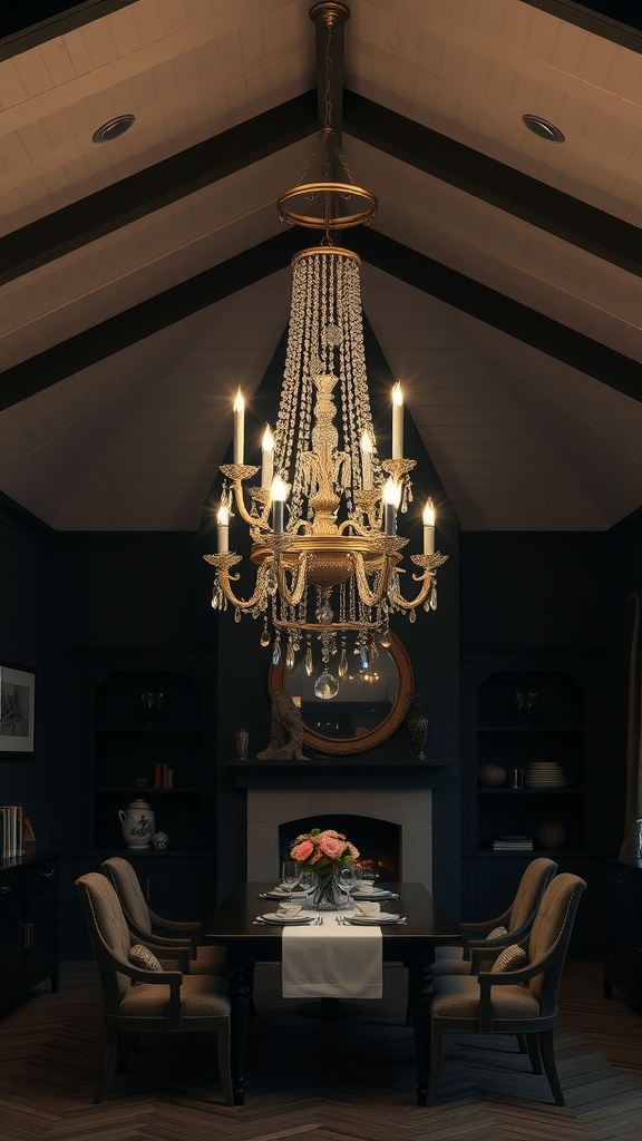 Elegant chandelier hanging over a dining table in a cozy dark cottage interior