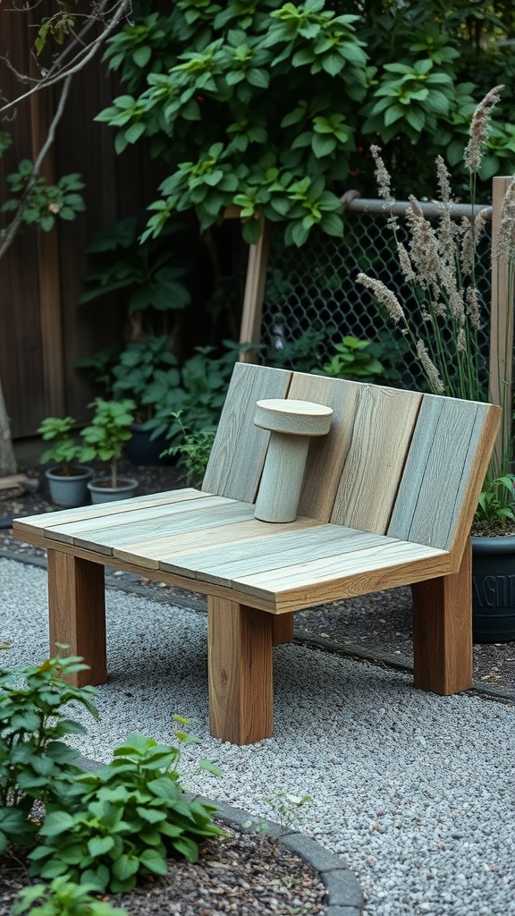 A rustic bench made from old barn wood, featuring a planter in the center, surrounded by greenery.