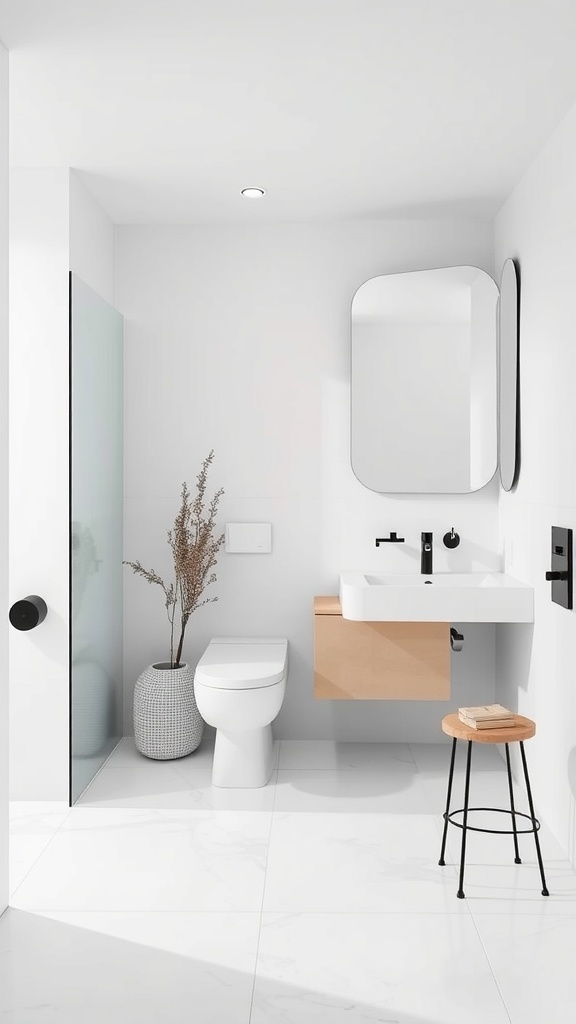 A minimalist bathroom featuring a clean design with neutral colors, a stylish plant, and functional elements.