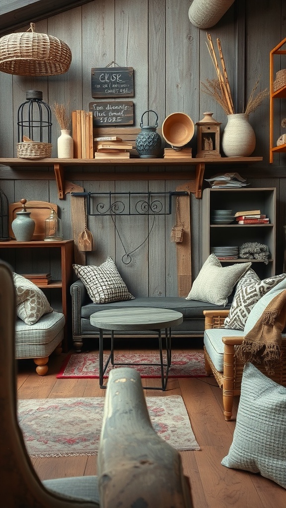 A cozy rustic living room featuring a mix of textures with cushions, wooden furniture, and decorative items.
