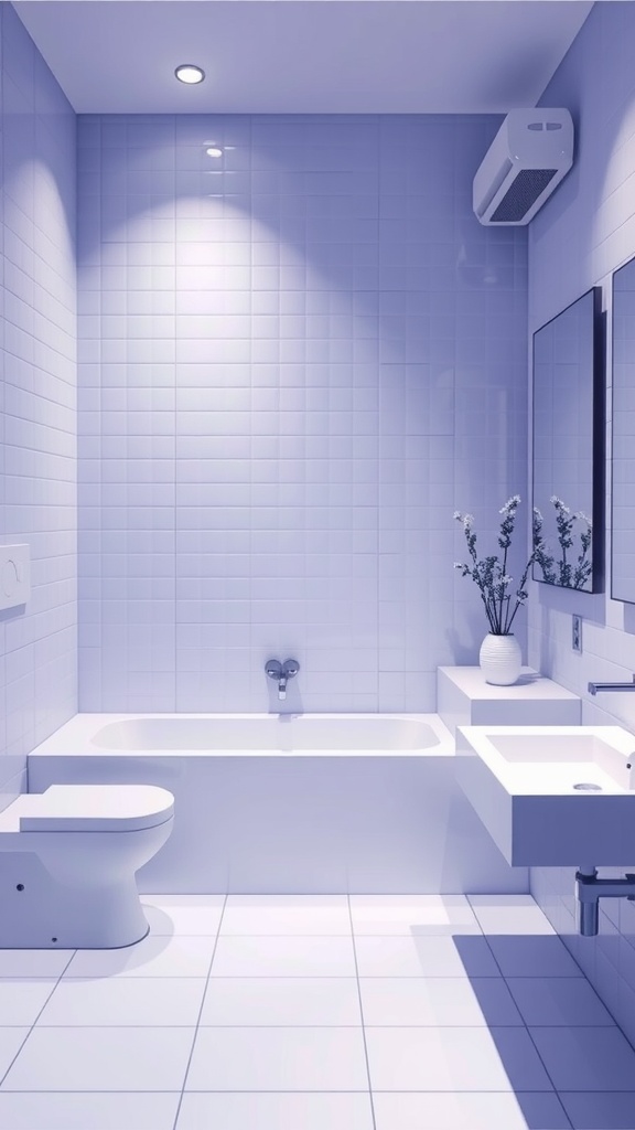 A modern tiny bathroom with a monochromatic color scheme, featuring light blue tiles and minimalistic fixtures.