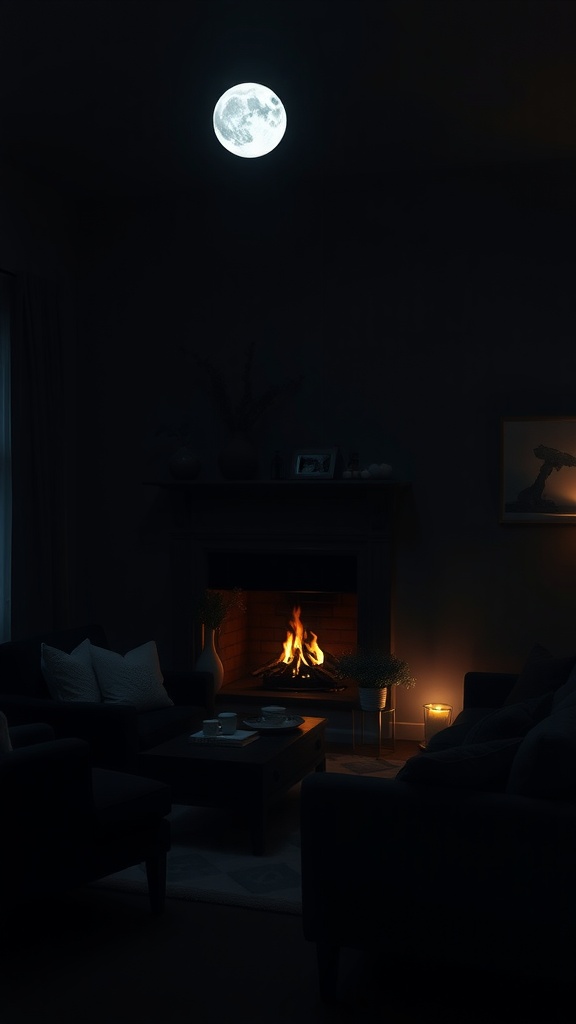 A cozy living room corner featuring moonlight, a warm fire, and comfortable seating.