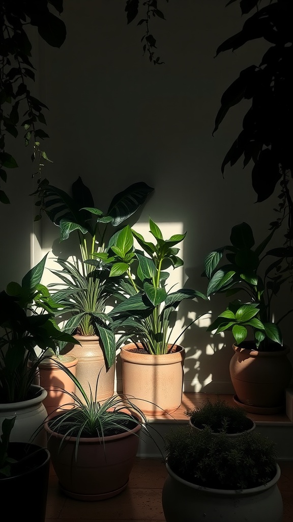 A collection of potted plants in earthy tones, casting shadows in a cozy interior.