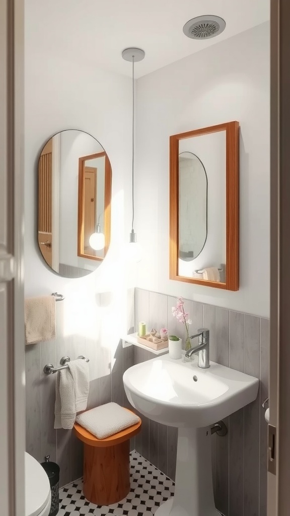 A bright and stylish tiny bathroom with mirrors, natural light, and minimalist decor.