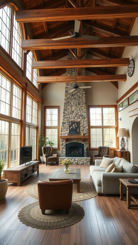 Spacious rustic living room with large windows and wooden beams
